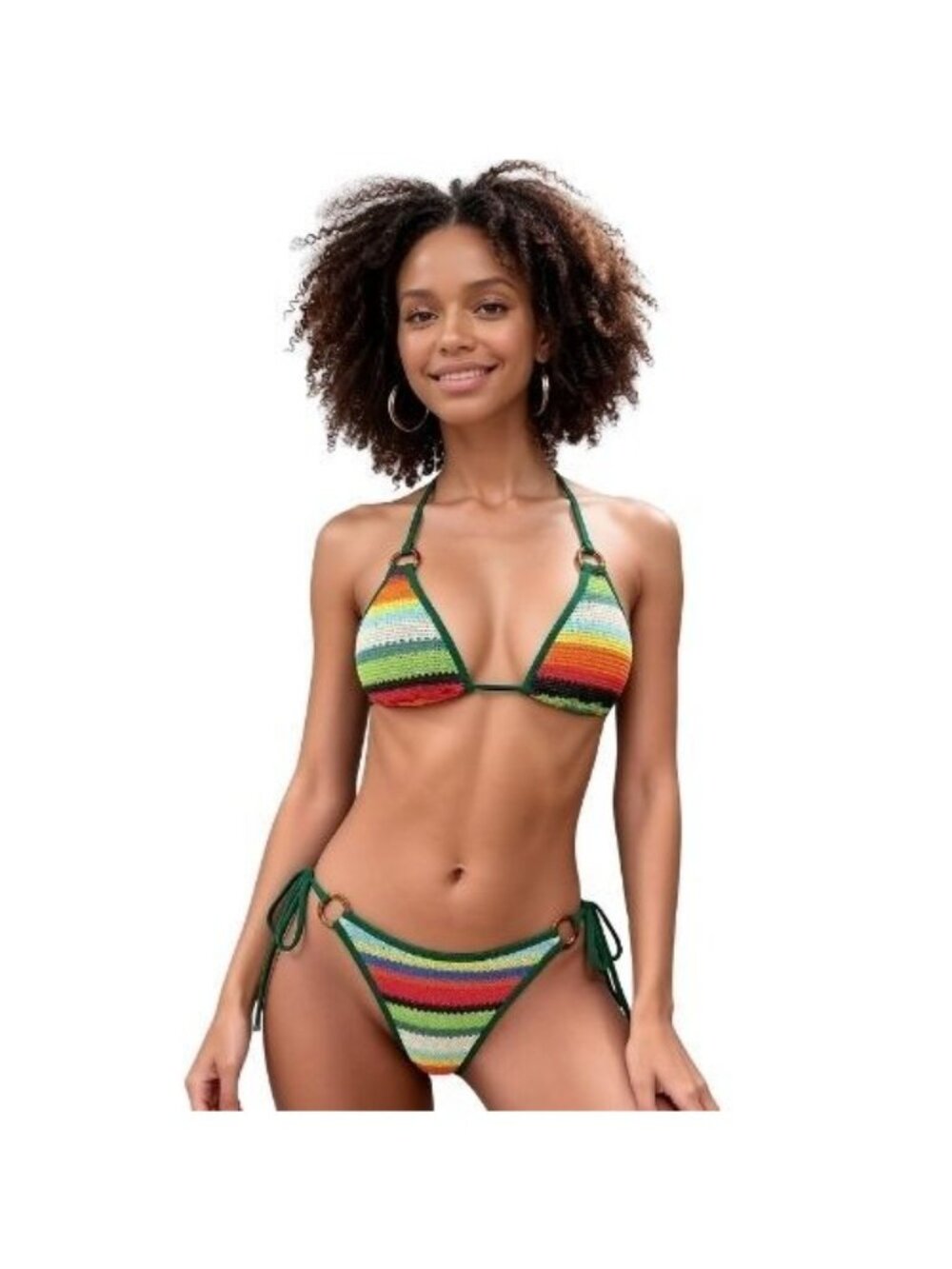 ZAFUL Small Green Multicolor Stripe O-Ring Halter String Bikini Two Piece NWT